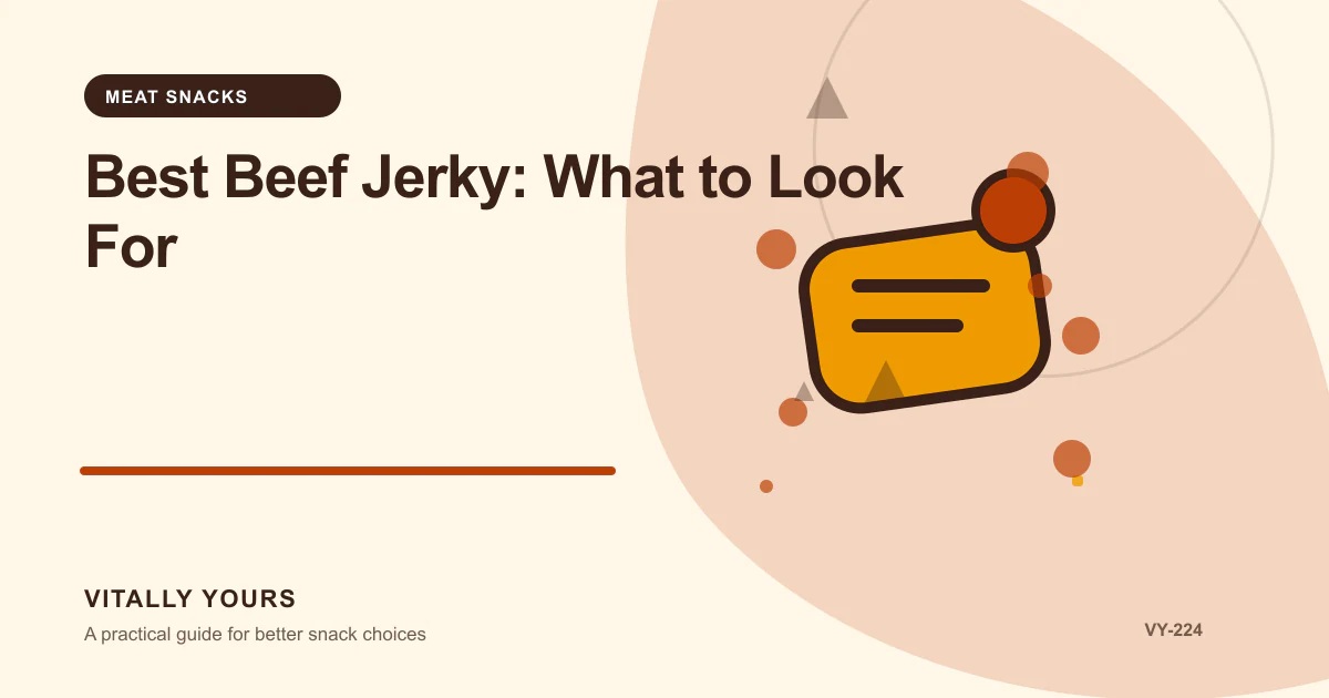 Editorial illustration for Best Beef Jerky: What to Look For, focused on sodium per serving, actual portions, protein, and the surrounding meal pattern and declared criteria, equal-serving comparisons, evidence freshness, and no universal winner