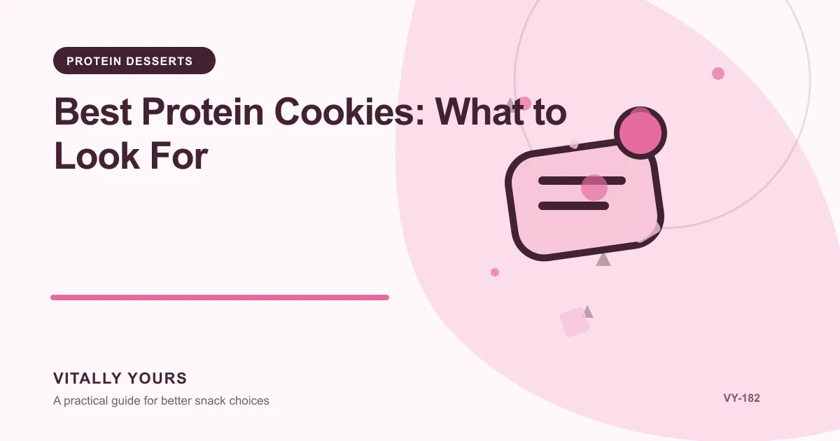 Editorial illustration for Best Protein Cookies: What to Look For, focused on protein contribution, protein source, and the rest of the serving, added sugars, sweetener type, portion, and taste expectations, and declared criteria, equal-serving comparisons, evidence freshness, and no universal winner