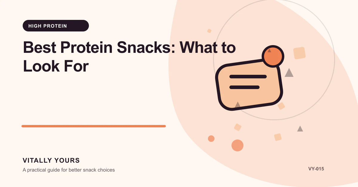 Editorial illustration for Best Protein Snacks: What to Look For, focused on protein contribution, protein source, and the rest of the serving and declared criteria, equal-serving comparisons, evidence freshness, and no universal winner