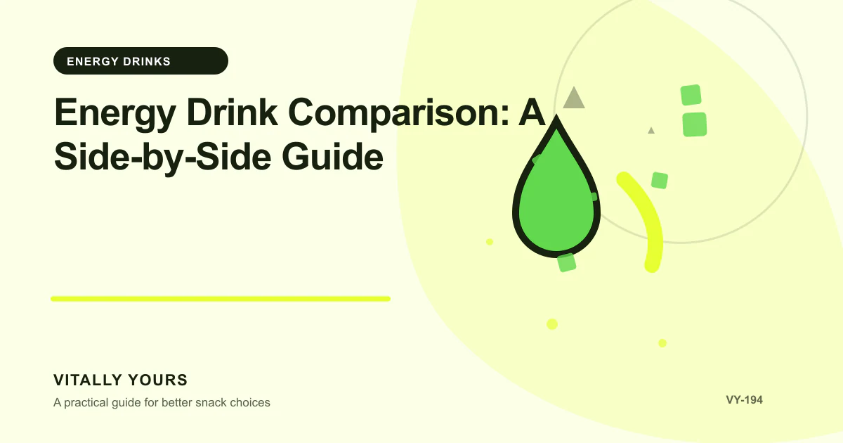 Editorial illustration for Energy Drink Comparison: A Side-by-Side Guide, focused on caffeine per container, total daily intake, timing, and sensitivity and matched serving bases, goal-specific tradeoffs, current labels, and a reproducible scoring method