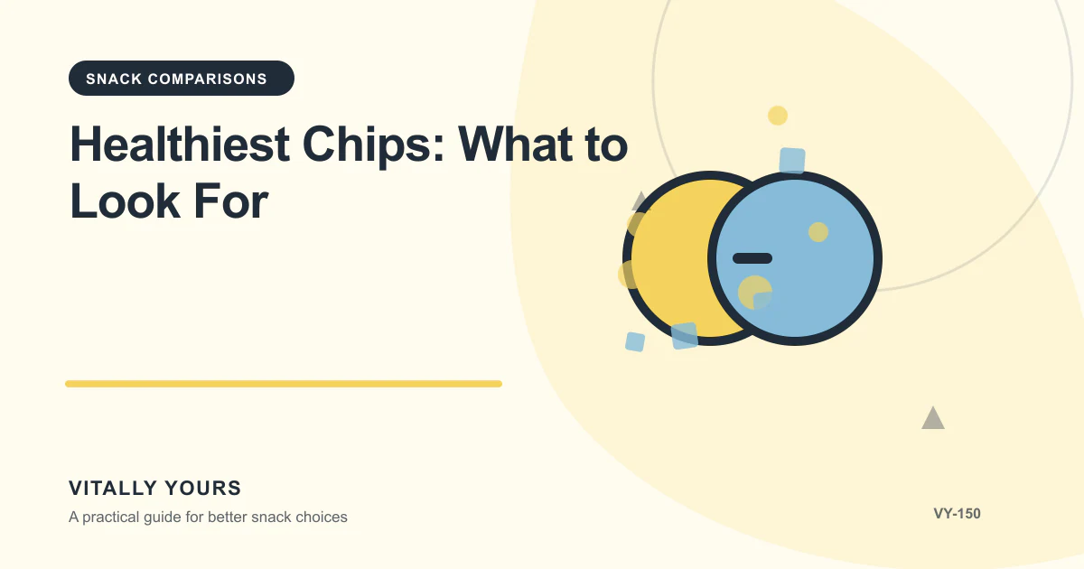 Editorial illustration for Healthiest Chips: What to Look For, focused on declared criteria, equal-serving comparisons, evidence freshness, and no universal winner