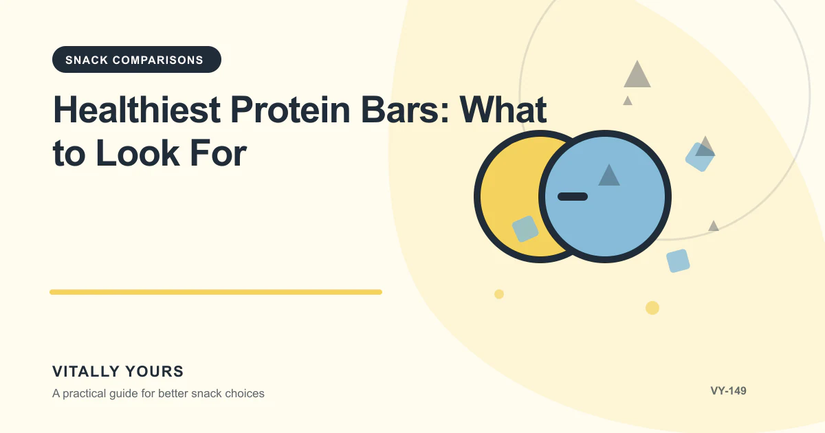 Editorial illustration for Healthiest Protein Bars: What to Look For, focused on protein contribution, protein source, and the rest of the serving and declared criteria, equal-serving comparisons, evidence freshness, and no universal winner