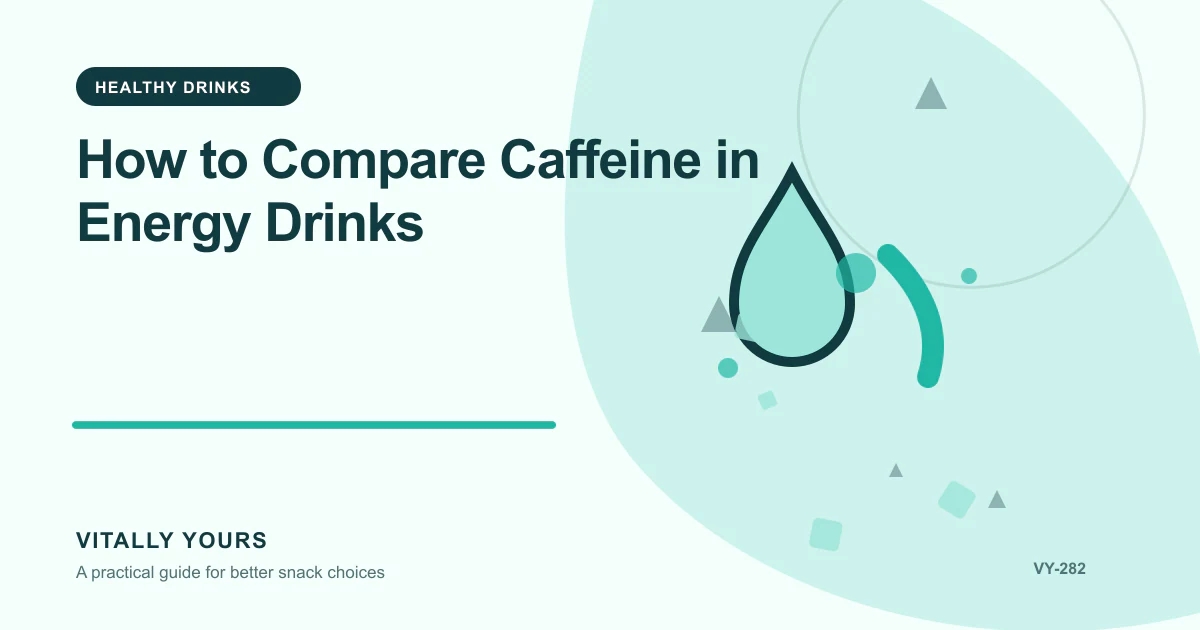 Editorial illustration for How to Compare Caffeine in Energy Drinks, focused on caffeine per container, total daily intake, timing, and sensitivity and matched serving bases, goal-specific tradeoffs, current labels, and a reproducible scoring method