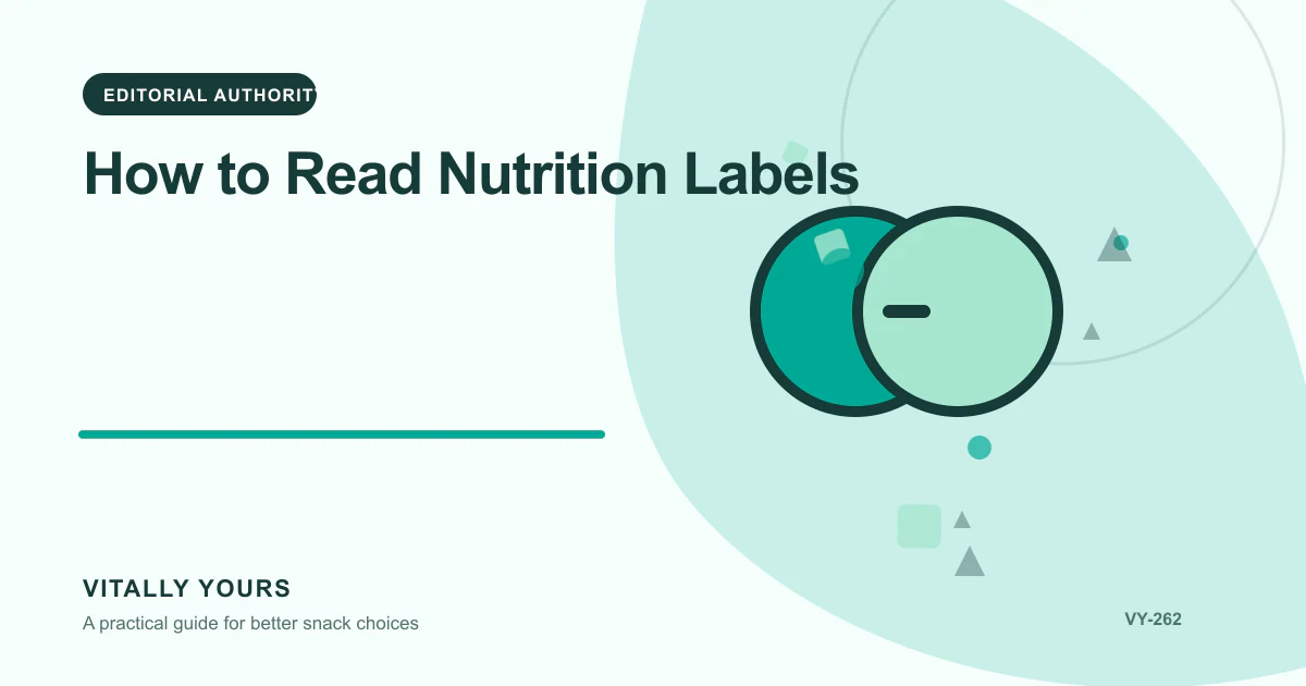 Editorial illustration for How to Read Nutrition Labels, focused on the exact regulated wording, serving basis, ingredient order, and omitted context