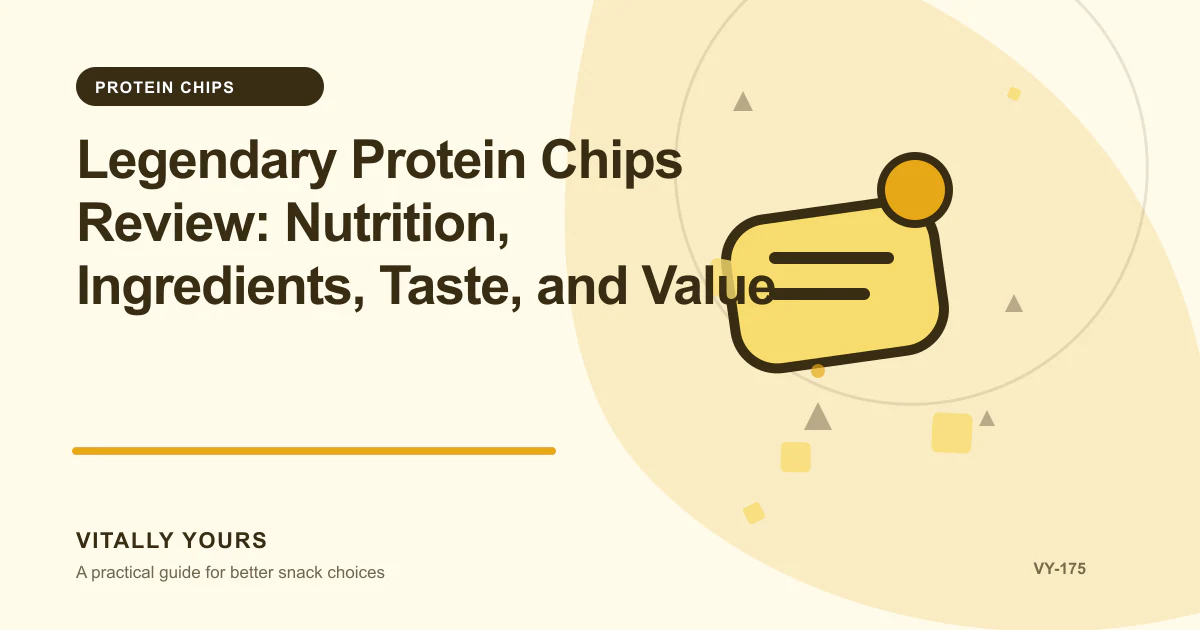 Editorial illustration for Legendary Protein Chips Review: Nutrition, Ingredients, Taste, and Value, focused on protein contribution, protein source, and the rest of the serving, sodium per serving, actual portions, protein, and the surrounding meal pattern, and comparable units, documented costs, waste, service inputs, and uncertainty