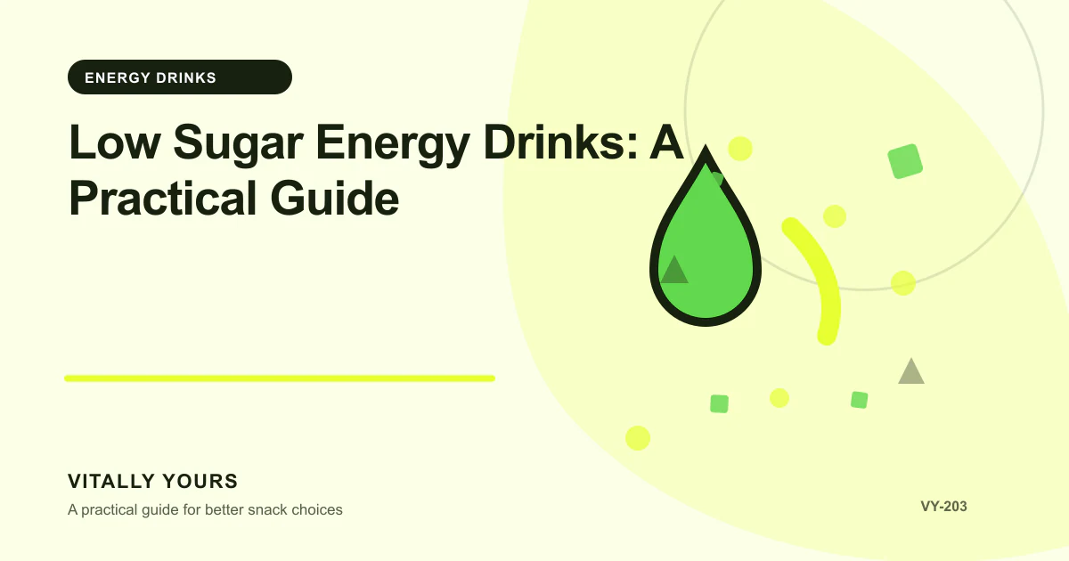 Editorial illustration for Low Sugar Energy Drinks: A Practical Guide, focused on added sugars, sweetener type, portion, and taste expectations and caffeine per container, total daily intake, timing, and sensitivity