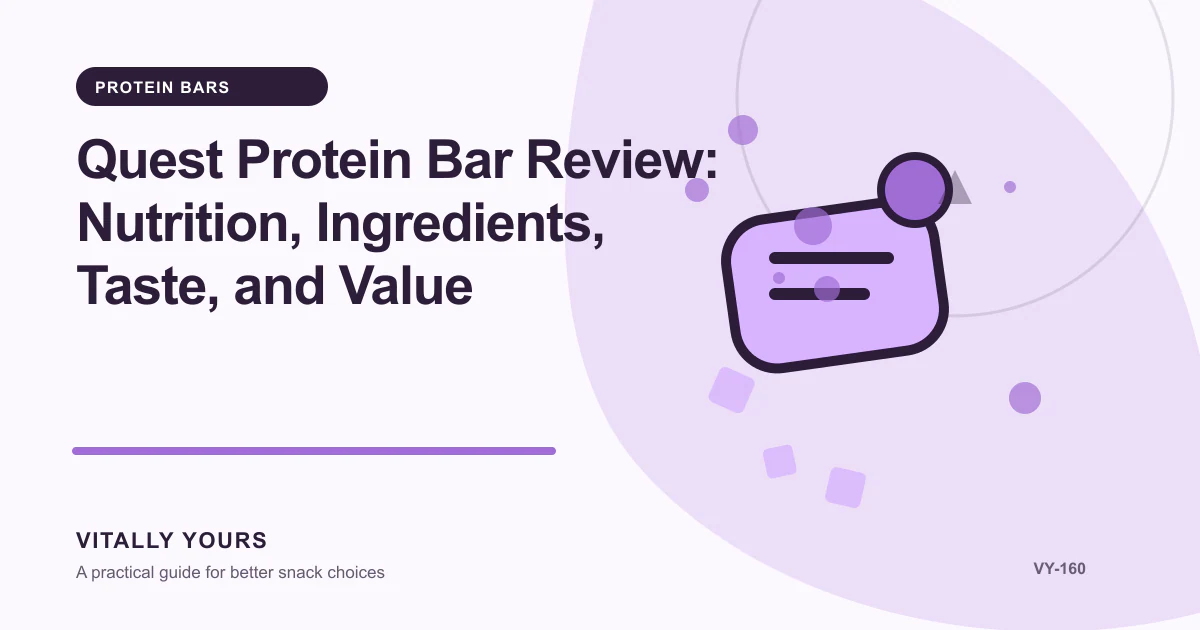 Editorial illustration for Quest Protein Bar Review: Nutrition, Ingredients, Taste, and Value, focused on protein contribution, protein source, and the rest of the serving, comparable units, documented costs, waste, service inputs, and uncertainty, and the exact regulated wording, serving basis, ingredient order, and omitted context