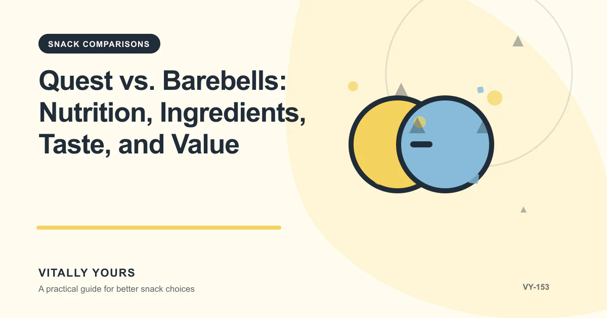 Editorial illustration for Quest vs. Barebells: Nutrition, Ingredients, Taste, and Value, focused on comparable units, documented costs, waste, service inputs, and uncertainty, the exact regulated wording, serving basis, ingredient order, and omitted context, and matched serving bases, goal-specific tradeoffs, current labels, and a reproducible scoring method