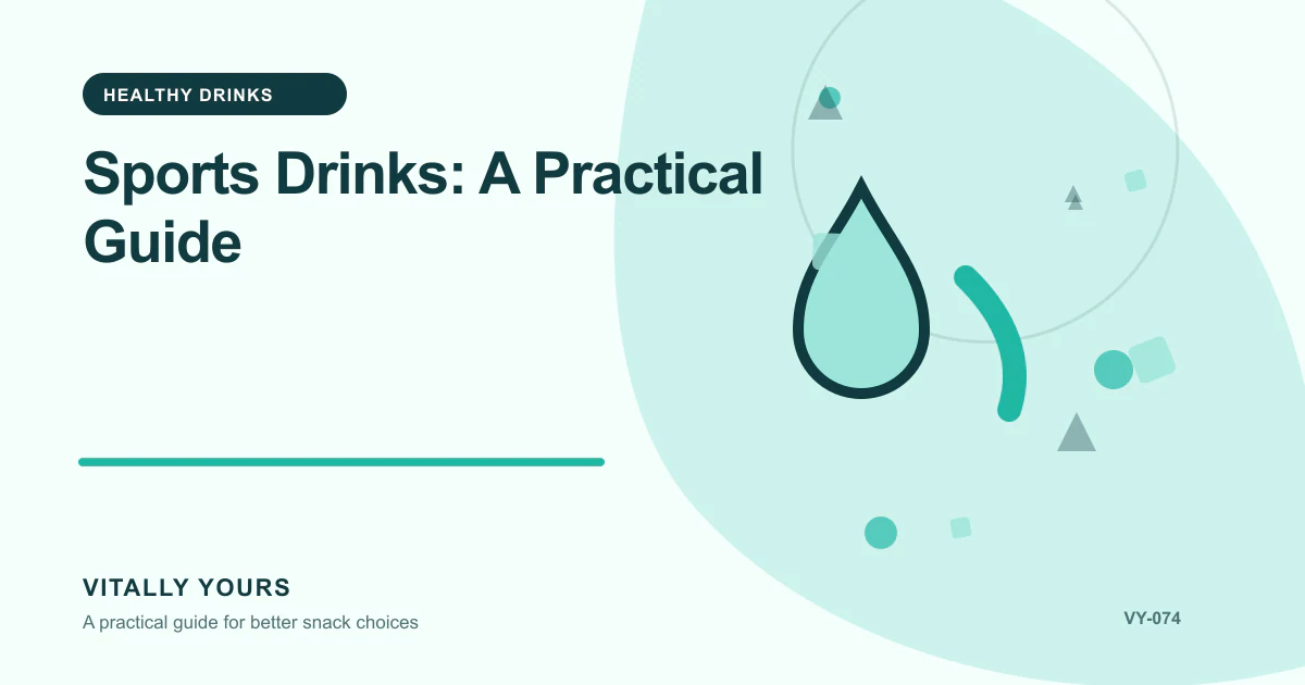 Editorial illustration for Sports Drinks: A Practical Guide, focused on activity duration, heat, sweat losses, sodium, carbohydrate, and ordinary water intake