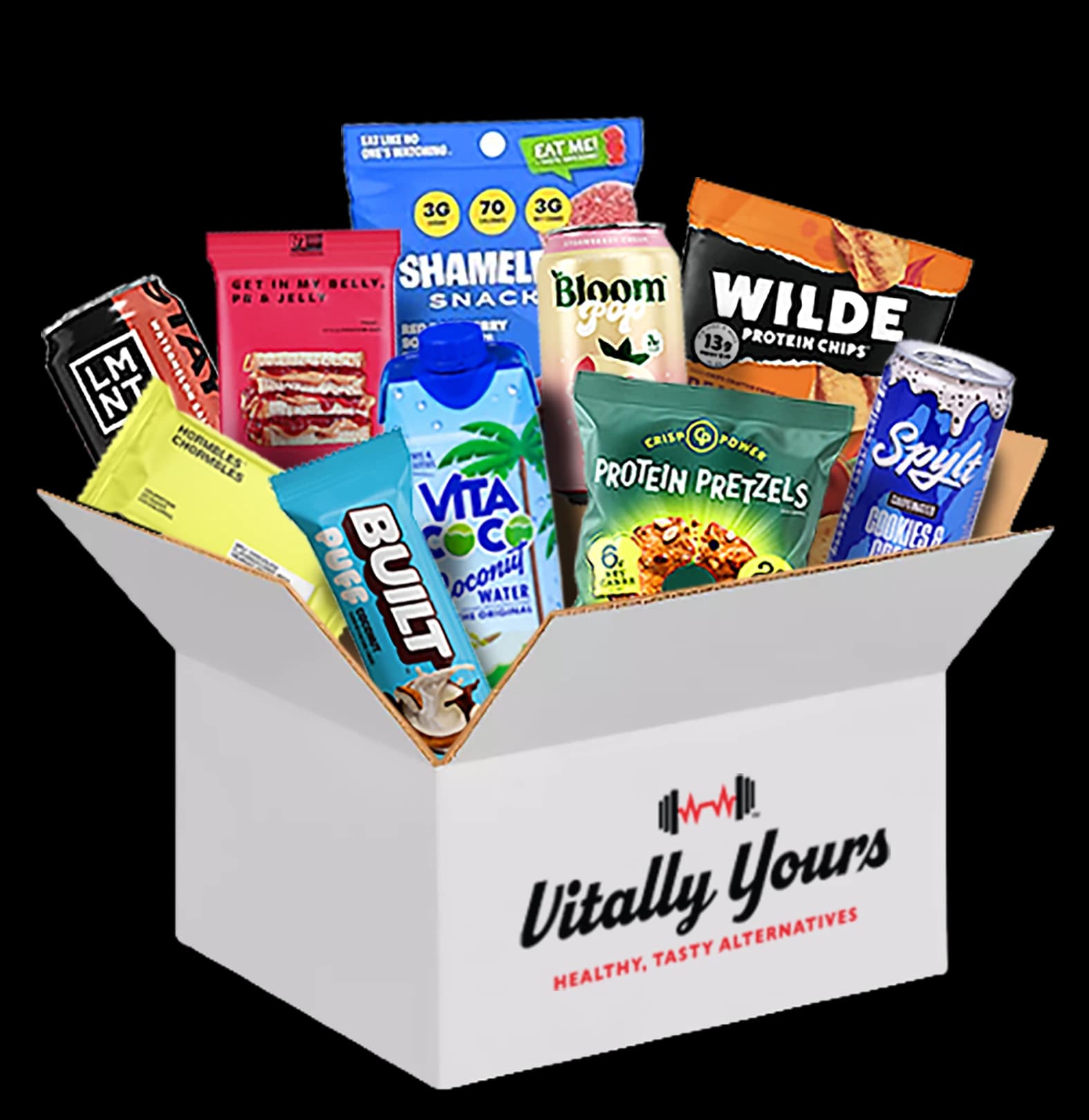 Open Vitally Yours On-The-Go Box filled with better-for-you snacks and drinks